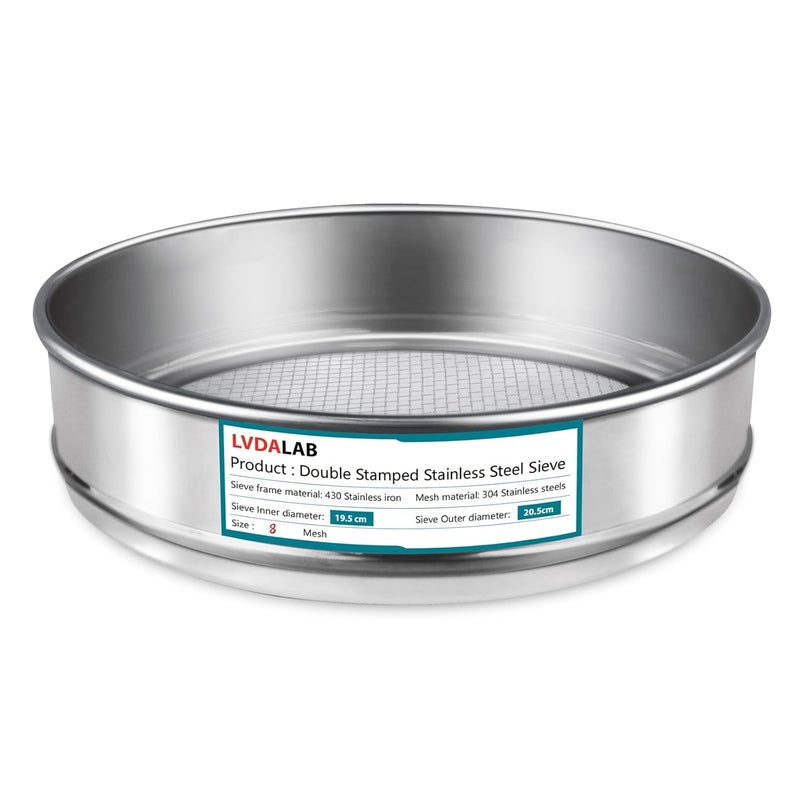 LVDALAB 304 Stainless Steel Mesh Lab Sieve, 8 Mesh (2.5mm) Aperture Test Sieve, 7.9Inch(20cm) Diameter Economy Standard Analysis Sample Test Sieves for Industrial Laboratory Homes - Image 1